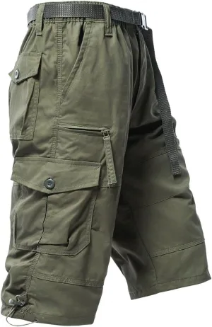 Mylldey Men's Cargo Shorts 3/4 Relaxed Fit Mens Running Shorts 7 Pockets Elastic Waist Cotton Hiking Shorts