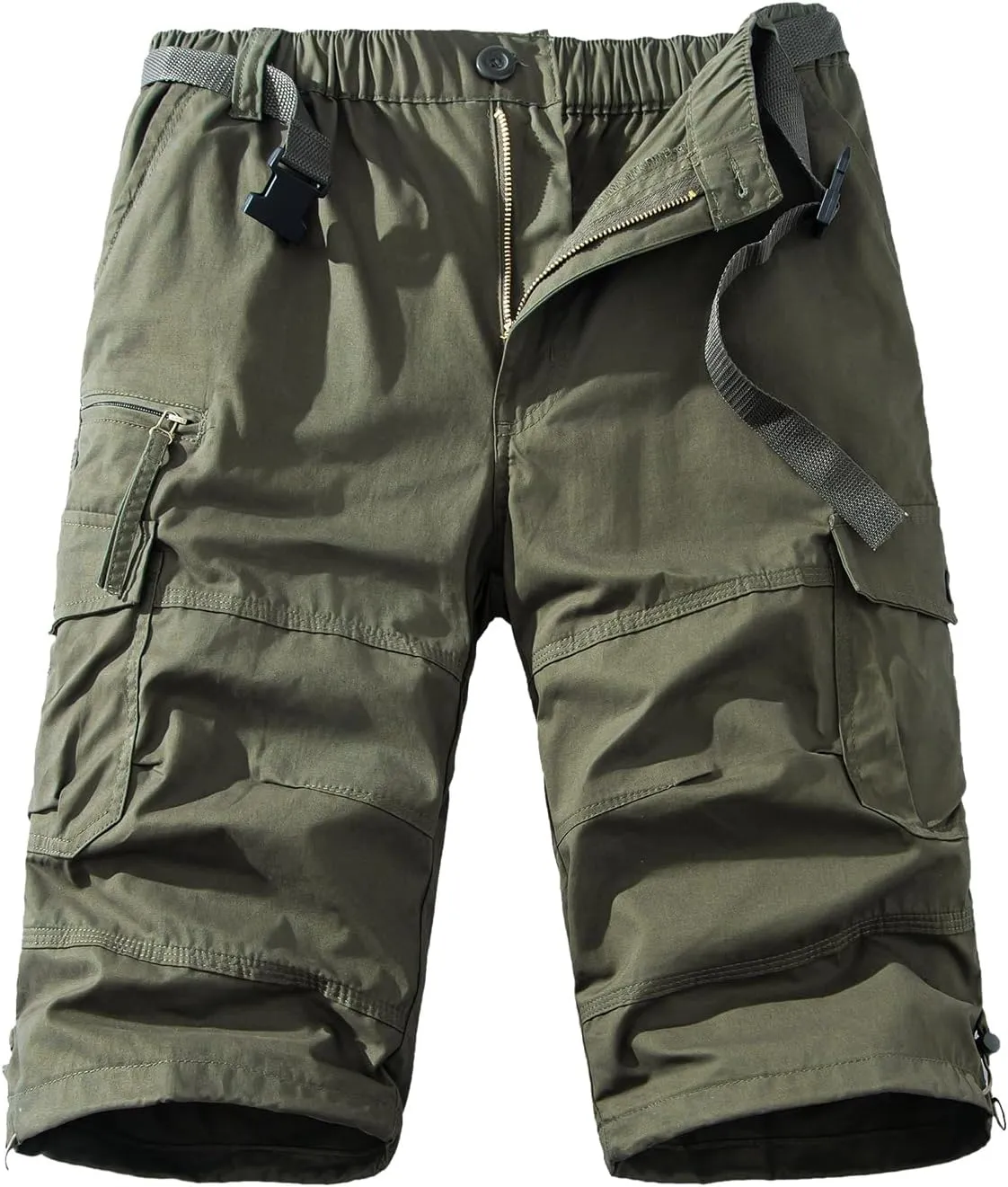 Mylldey Men's Cargo Shorts 3/4 Relaxed Fit Mens Running Shorts 7 Pockets Elastic Waist Cotton Hiking Shorts