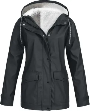 NATHGAM Womens Hooded Rain Jackets Fleece Lined Waterproof Lightweight Rain Coats Winter Warm Plus Size Outdoor Trench Coat