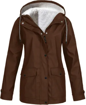 NATHGAM Womens Hooded Rain Jackets Fleece Lined Waterproof Lightweight Rain Coats Winter Warm Plus Size Outdoor Trench Coat