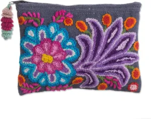 NOVICA Artisan Hand Embroidered Alpaca Clutch Floral in Slate from Peru Wool Handbags Grey Multicolor Clutches Patternedembroidered ' Midnight Delight'