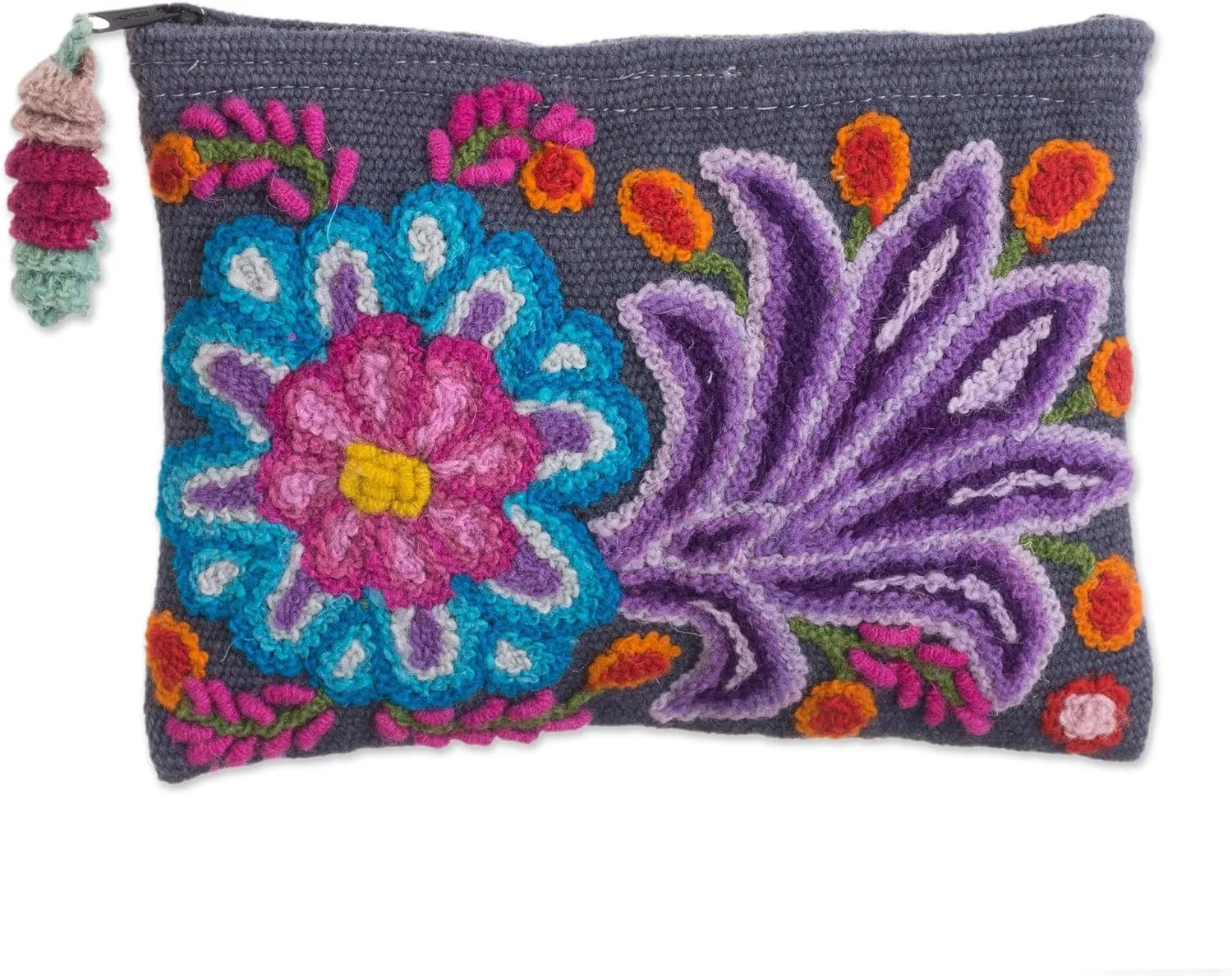 NOVICA Artisan Hand Embroidered Alpaca Clutch Floral in Slate from Peru Wool Handbags Grey Multicolor Clutches Patternedembroidered ' Midnight Delight'