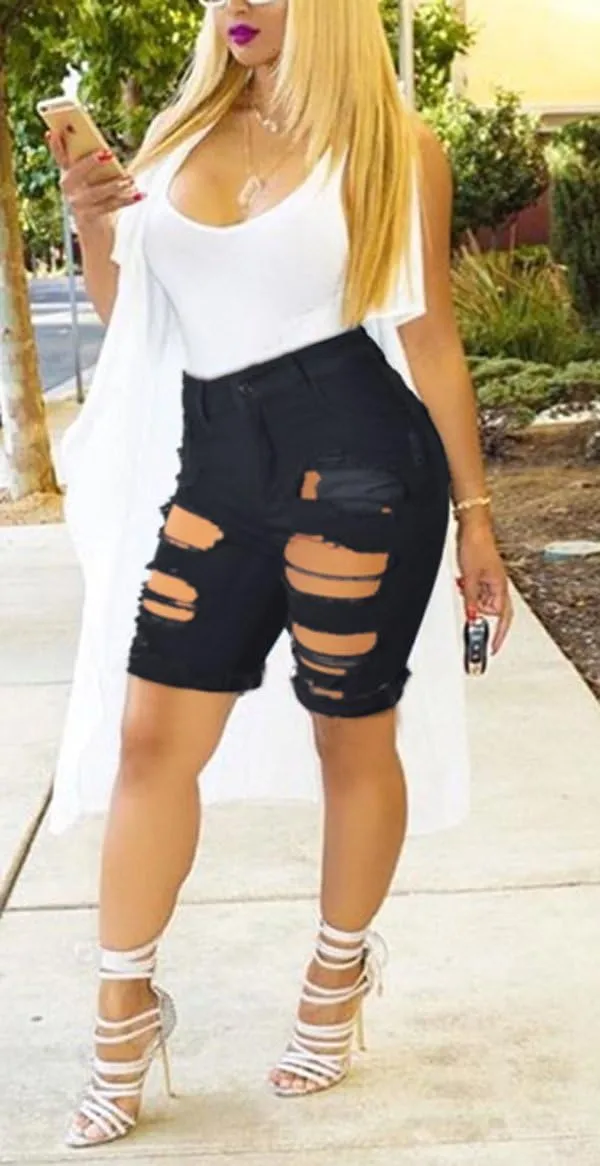 olrain Womens High Waist Ripped Hole Washed Distressed Short Jeans
