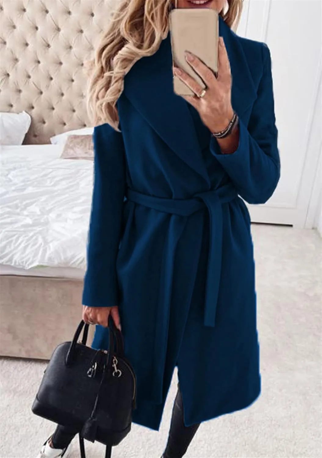 OMZIN Womens Long Sleeve Open Front Cardigan Lightweight Thick Mid-length Coats Plus Size Solid Color Coat