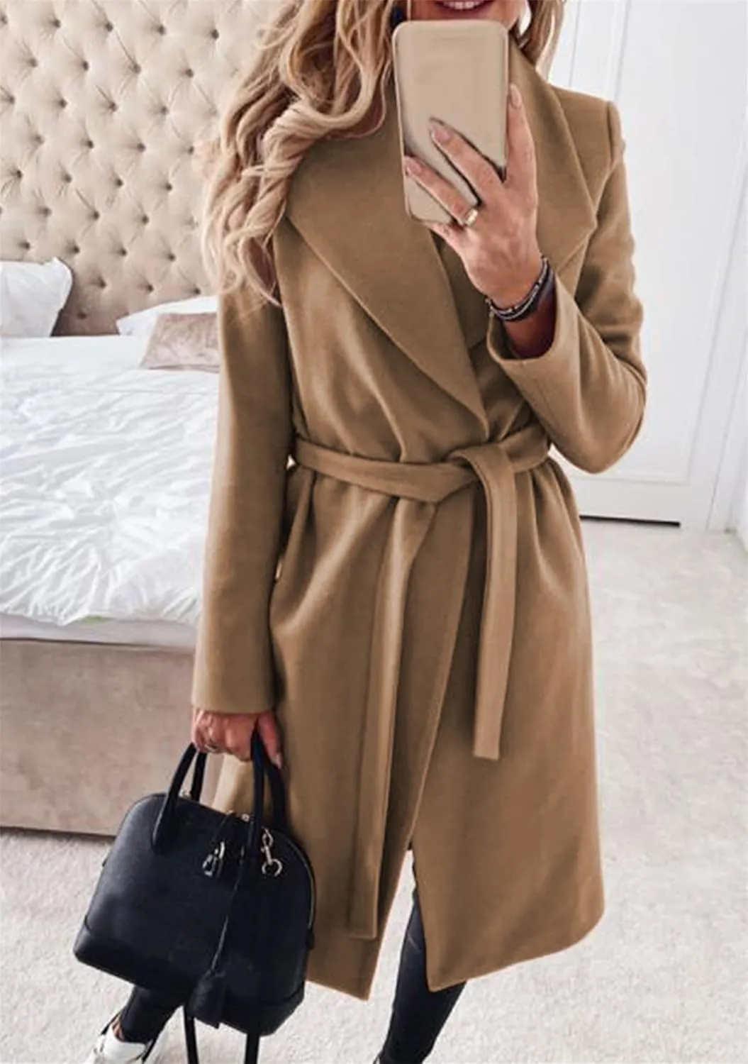 OMZIN Womens Long Sleeve Open Front Cardigan Lightweight Thick Mid-length Coats Plus Size Solid Color Coat
