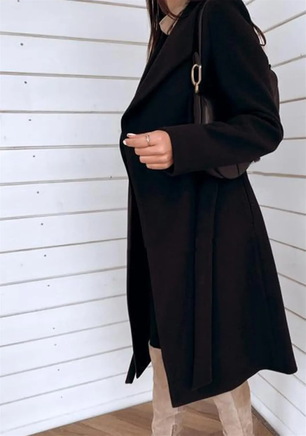 OMZIN Womens Long Sleeve Open Front Cardigan Lightweight Thick Mid-length Coats Plus Size Solid Color Coat