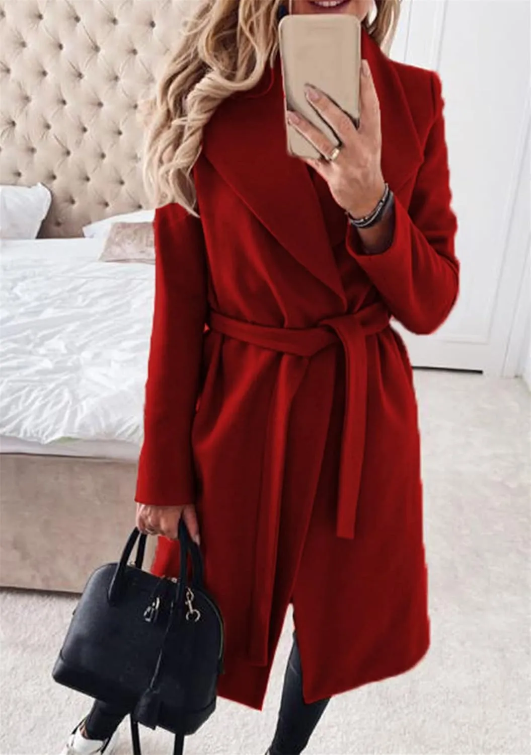 OMZIN Womens Long Sleeve Open Front Cardigan Lightweight Thick Mid-length Coats Plus Size Solid Color Coat