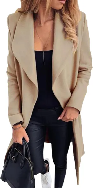 OMZIN Womens Long Sleeve Open Front Cardigan Lightweight Thick Mid-length Coats Plus Size Solid Color Coat