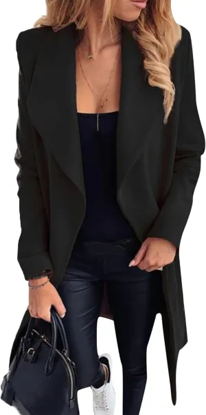 OMZIN Womens Long Sleeve Open Front Cardigan Lightweight Thick Mid-length Coats Plus Size Solid Color Coat