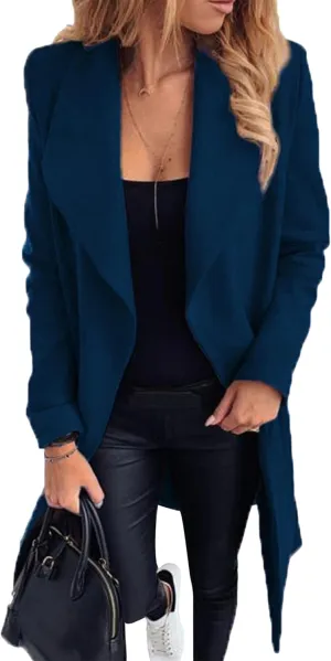 OMZIN Womens Long Sleeve Open Front Cardigan Lightweight Thick Mid-length Coats Plus Size Solid Color Coat