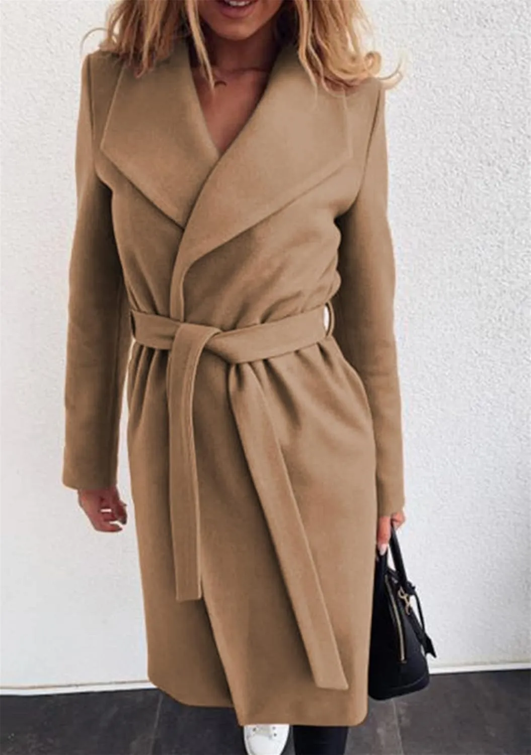 OMZIN Womens Long Sleeve Open Front Cardigan Lightweight Thick Mid-length Coats Plus Size Solid Color Coat