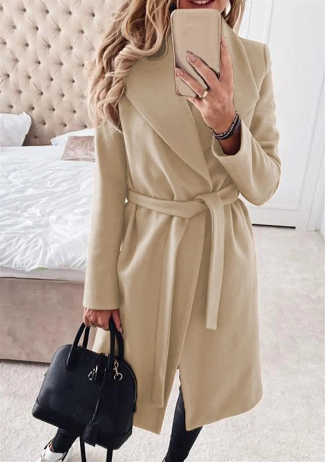 OMZIN Womens Long Sleeve Open Front Cardigan Lightweight Thick Mid-length Coats Plus Size Solid Color Coat