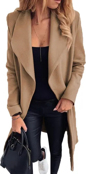 OMZIN Womens Long Sleeve Open Front Cardigan Lightweight Thick Mid-length Coats Plus Size Solid Color Coat