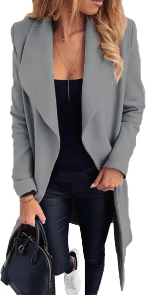 OMZIN Womens Long Sleeve Open Front Cardigan Lightweight Thick Mid-length Coats Plus Size Solid Color Coat