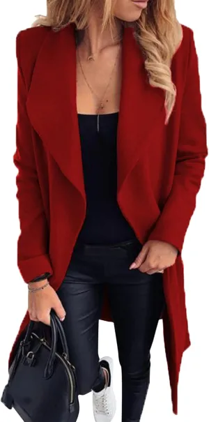 OMZIN Womens Long Sleeve Open Front Cardigan Lightweight Thick Mid-length Coats Plus Size Solid Color Coat