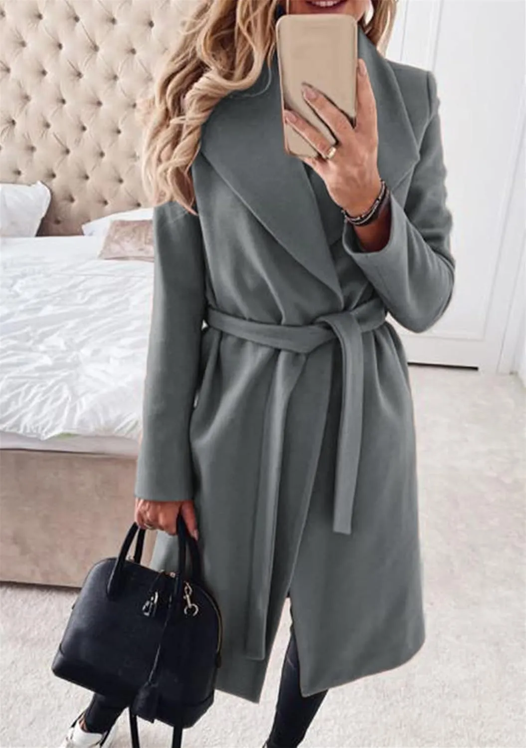 OMZIN Womens Long Sleeve Open Front Cardigan Lightweight Thick Mid-length Coats Plus Size Solid Color Coat