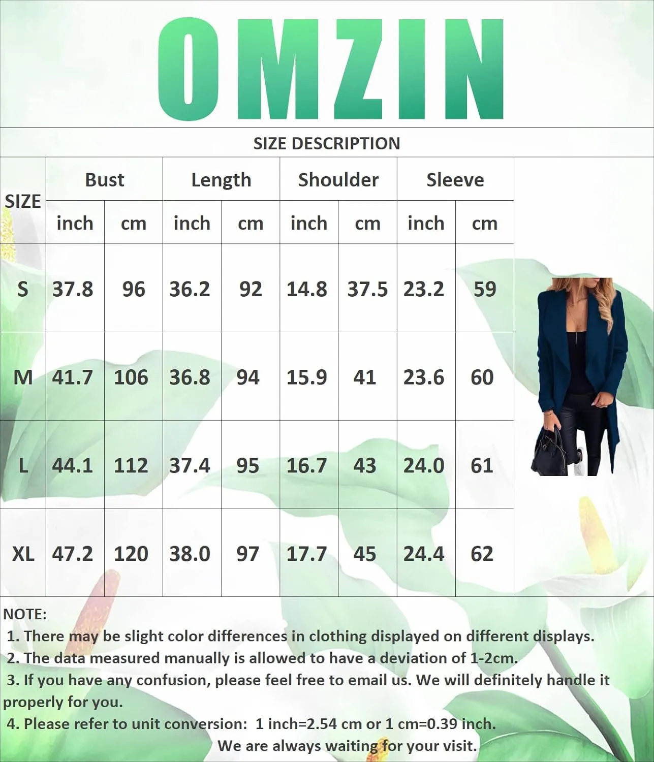 OMZIN Womens Long Sleeve Open Front Cardigan Lightweight Thick Mid-length Coats Plus Size Solid Color Coat