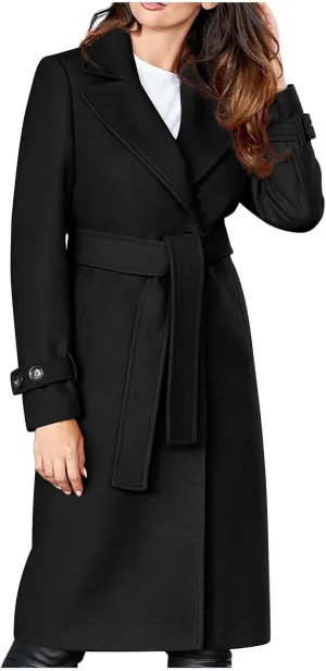 Oplxuo Women Classic Fall Winter Coats Notch Lapel Long Sleeve Belted Peacoat Wool Blend Trench Coats Long Jacket Outwear