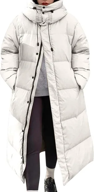 Oplxuo Women's Long Winter Puffer Coat Waterproof Warm Maxi Down Jacket Stand Collar Hood Parka Outerwear with Pockets
