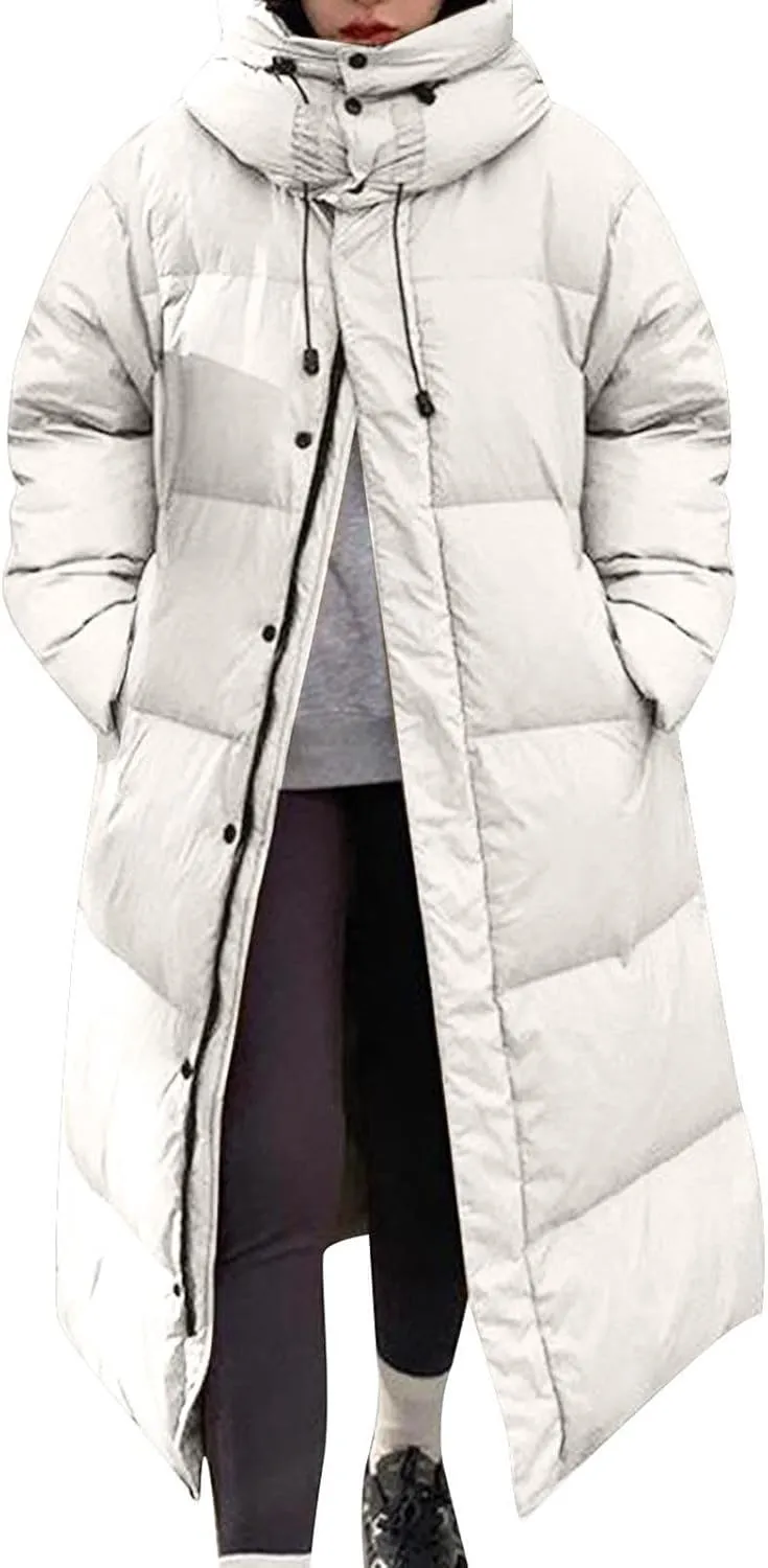 Oplxuo Women's Long Winter Puffer Coat Waterproof Warm Maxi Down Jacket Stand Collar Hood Parka Outerwear with Pockets