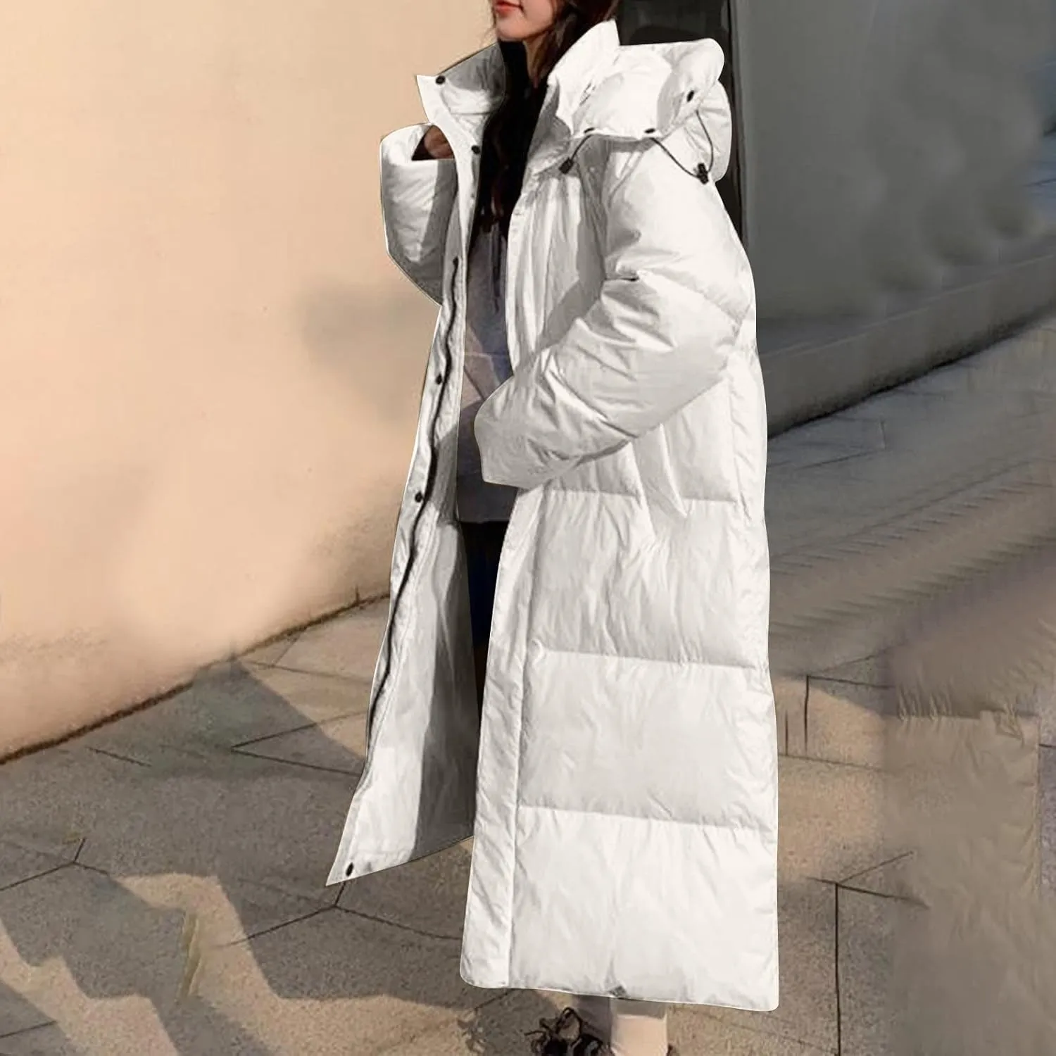 Oplxuo Women's Long Winter Puffer Coat Waterproof Warm Maxi Down Jacket Stand Collar Hood Parka Outerwear with Pockets