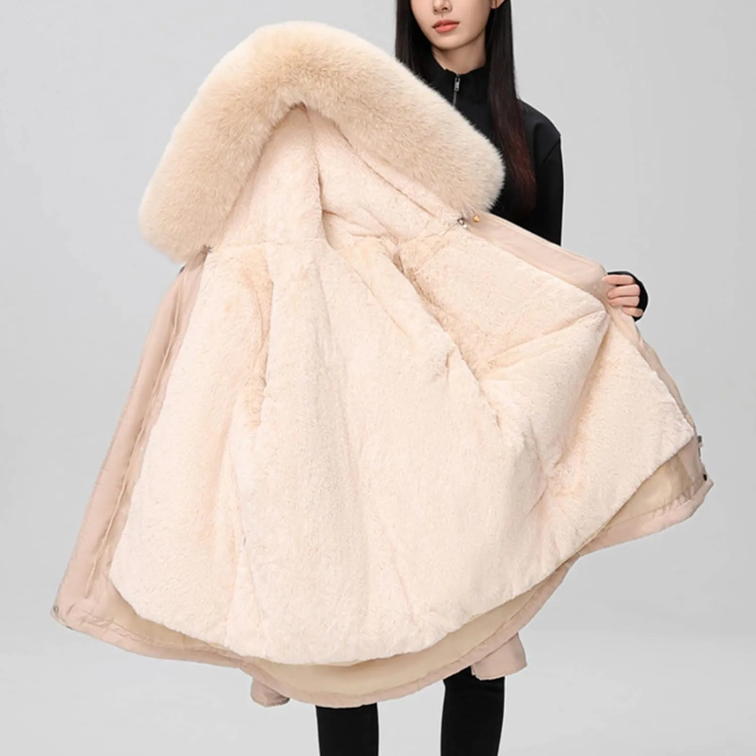Oplxuo Womens Winter Coats Warm Sherpa Lined Parkas Jacket Thickened Windproof Outerwear with Fur Hood Puffer Down Jacket