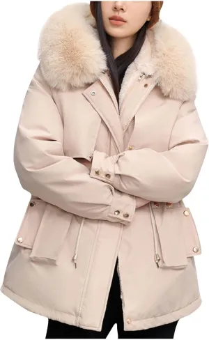 Oplxuo Womens Winter Coats Warm Sherpa Lined Parkas Jacket Thickened Windproof Outerwear with Fur Hood Puffer Down Jacket