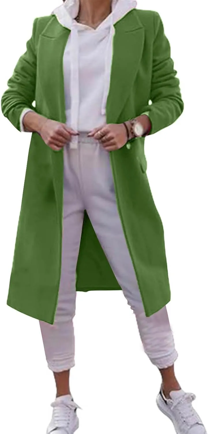 Oplxuo Women's Wool Blend Mid Long Pea Trench Coat Notch Lapel Button Up Jacket Long Sleeve Outwear with Pockets