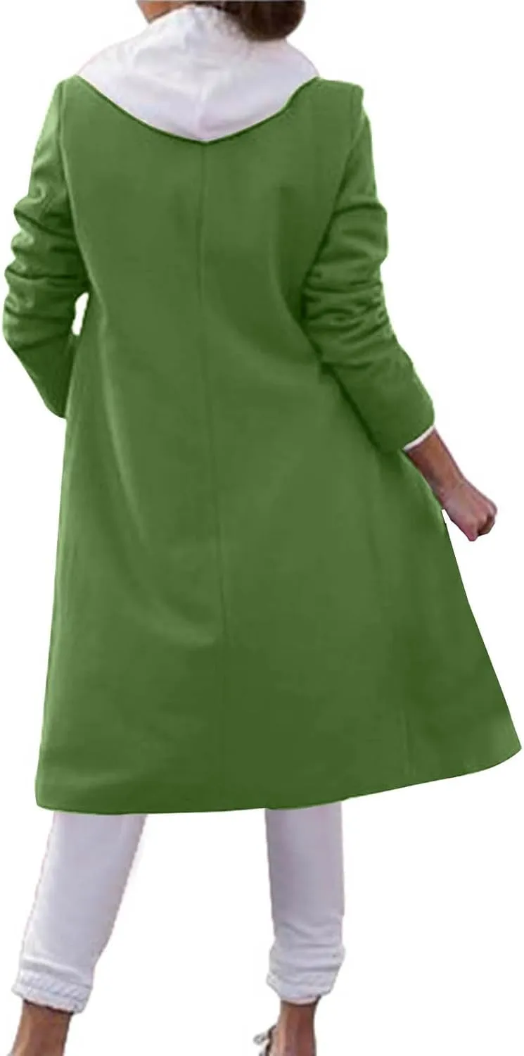 Oplxuo Women's Wool Blend Mid Long Pea Trench Coat Notch Lapel Button Up Jacket Long Sleeve Outwear with Pockets