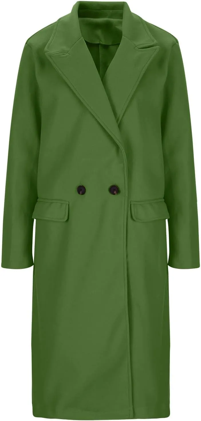 Oplxuo Women's Wool Blend Mid Long Pea Trench Coat Notch Lapel Button Up Jacket Long Sleeve Outwear with Pockets