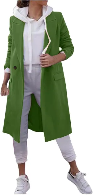 Oplxuo Women's Wool Blend Mid Long Pea Trench Coat Notch Lapel Button Up Jacket Long Sleeve Outwear with Pockets