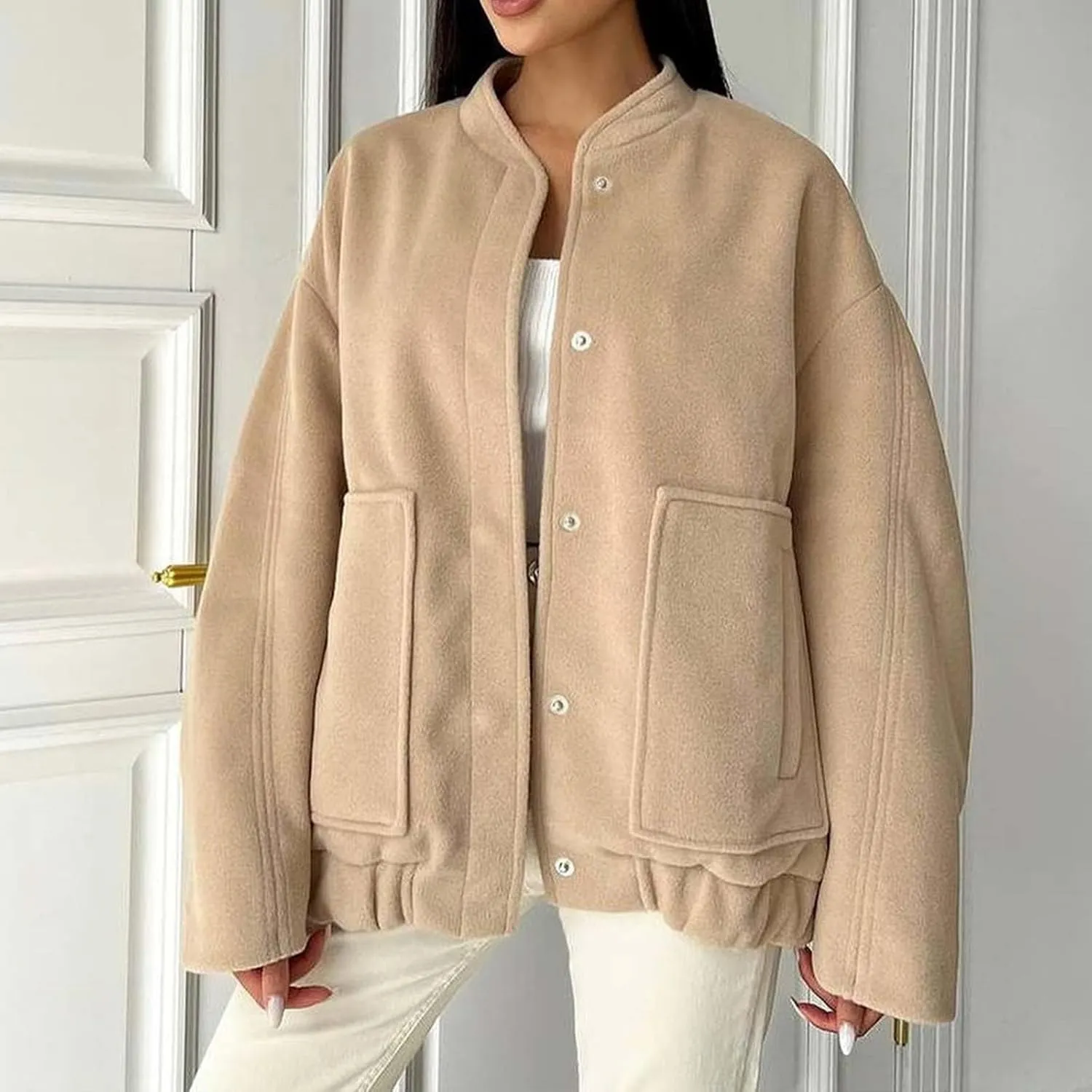 Oversized Jackets for Women Fall Winter Warm Wool Blend Coat Long Sleeve Snap Button Down Solid Pocket Outerwear with Pocket