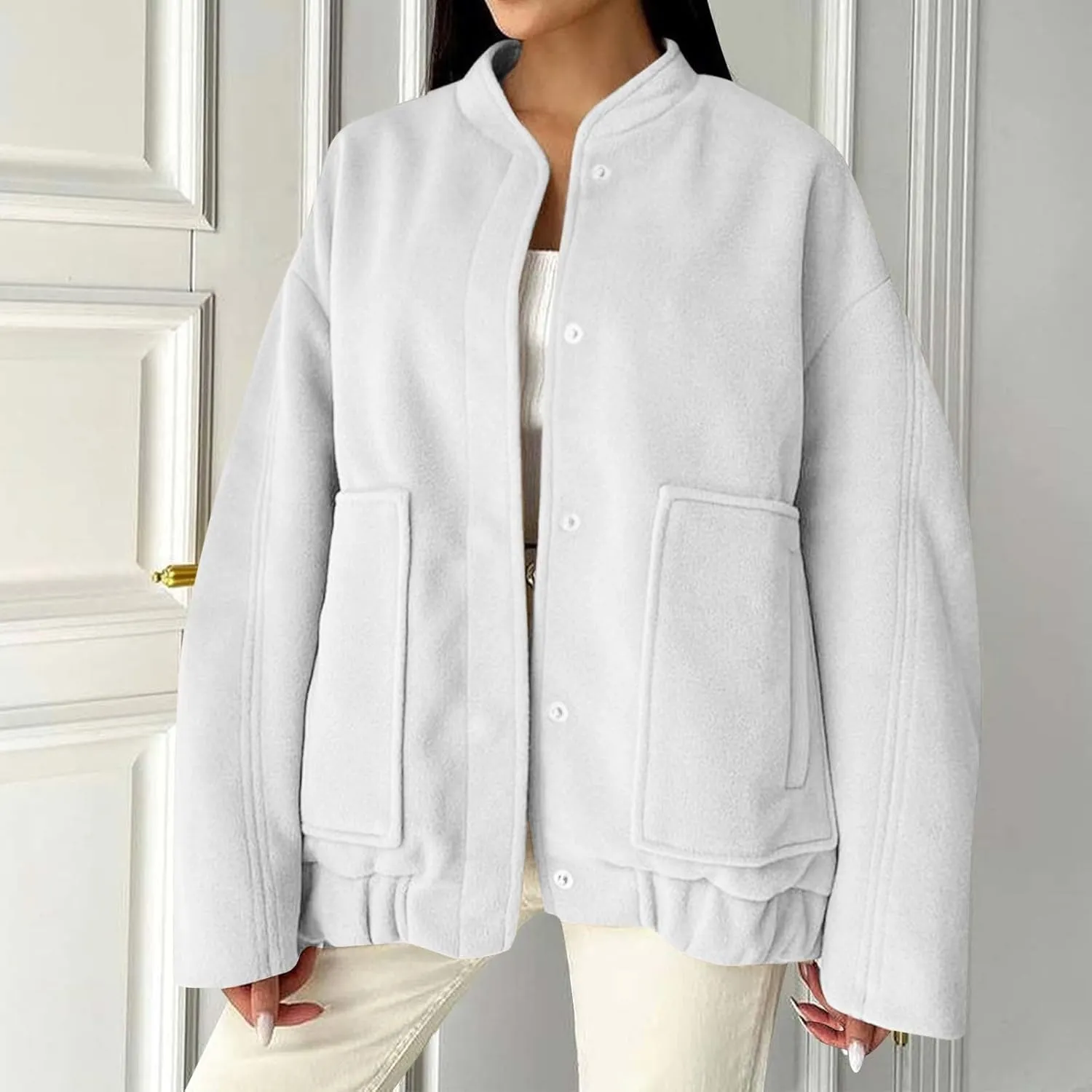 Oversized Jackets for Women Fall Winter Warm Wool Blend Coat Long Sleeve Snap Button Down Solid Pocket Outerwear with Pocket