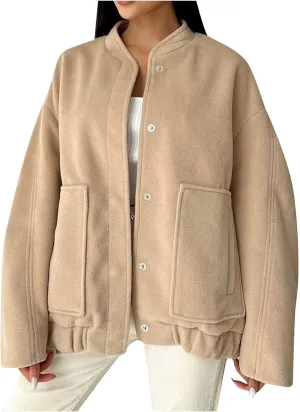 Oversized Jackets for Women Fall Winter Warm Wool Blend Coat Long Sleeve Snap Button Down Solid Pocket Outerwear with Pocket