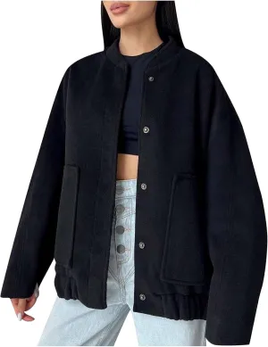 Oversized Jackets for Women Fall Winter Warm Wool Blend Coat Long Sleeve Snap Button Down Solid Pocket Outerwear with Pocket