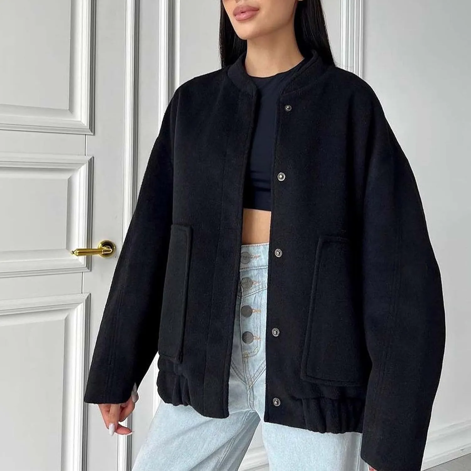 Oversized Jackets for Women Fall Winter Warm Wool Blend Coat Long Sleeve Snap Button Down Solid Pocket Outerwear with Pocket