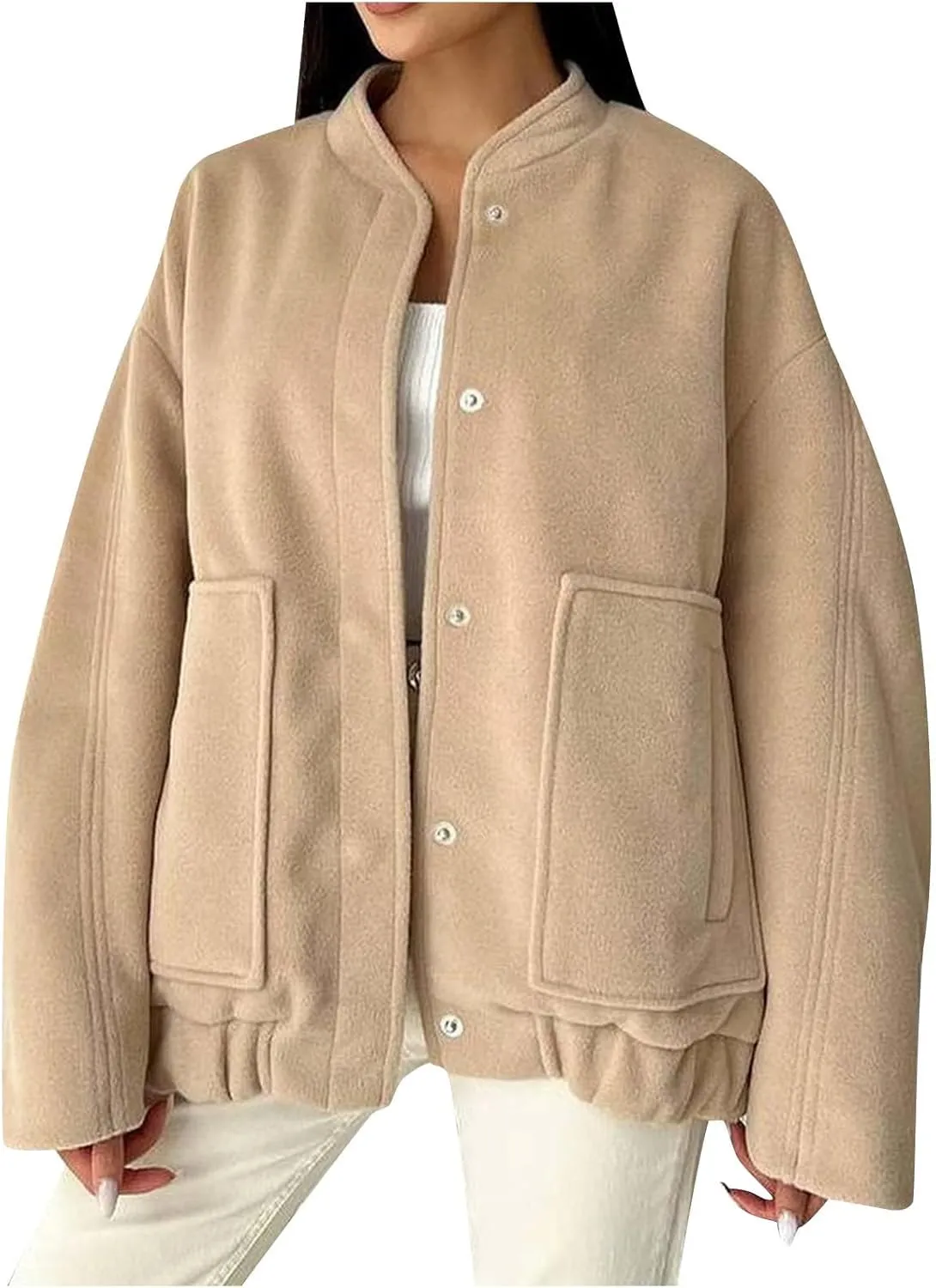 Oversized Jackets for Women Fall Winter Warm Wool Blend Coat Long Sleeve Snap Button Down Solid Pocket Outerwear with Pocket