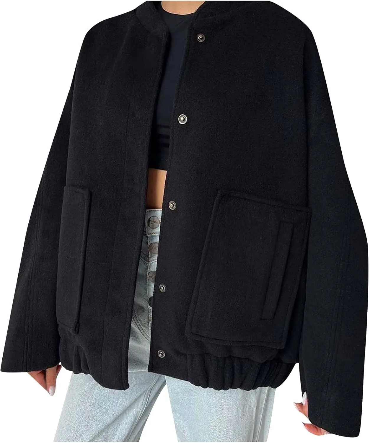 Oversized Jackets for Women Fall Winter Warm Wool Blend Coat Long Sleeve Snap Button Down Solid Pocket Outerwear with Pocket