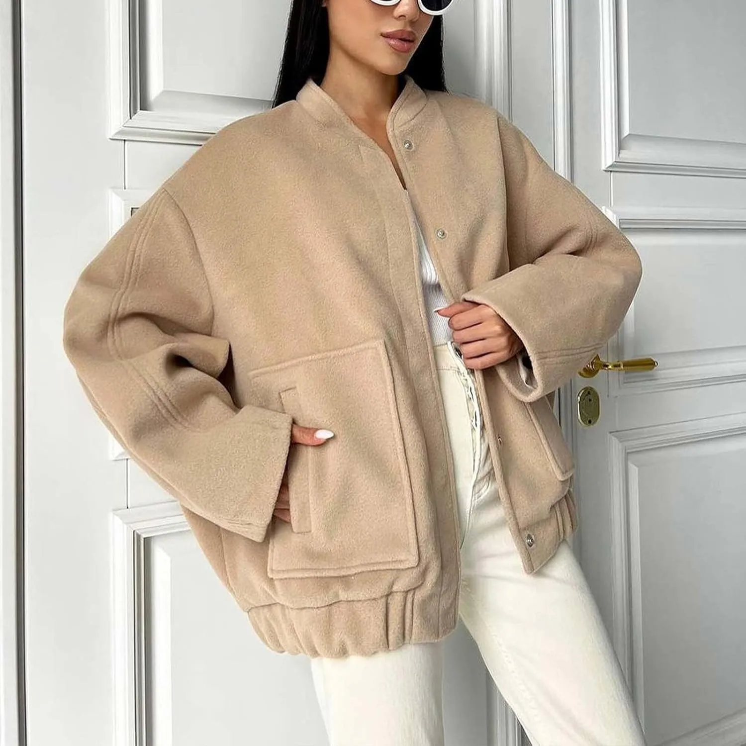 Oversized Jackets for Women Fall Winter Warm Wool Blend Coat Long Sleeve Snap Button Down Solid Pocket Outerwear with Pocket