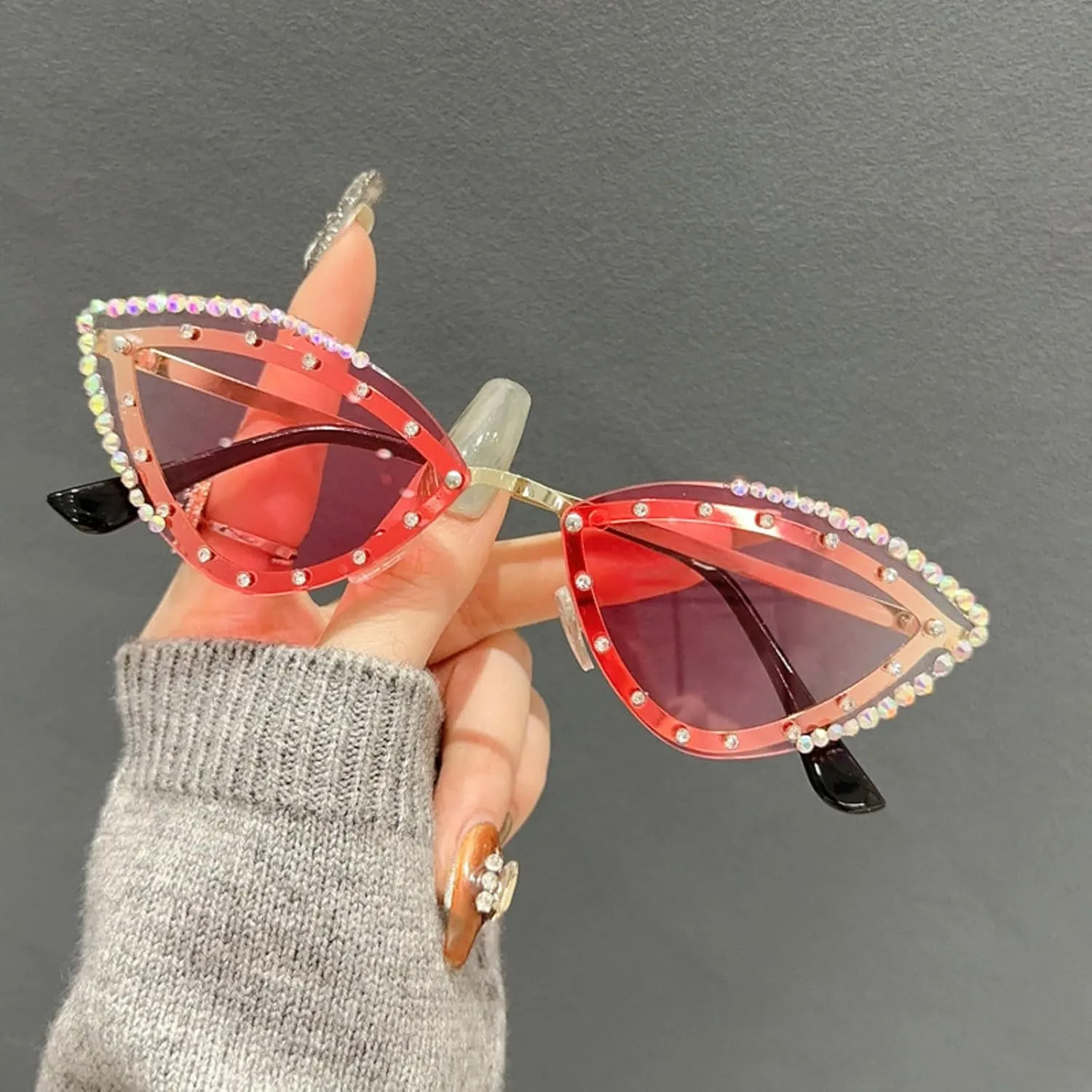 Popular Y2K Vintage Diamond Cat Eye Sunglasses Women For Female Rimless Sun Glasses Punk Luxury Designer Crystal Shades N45