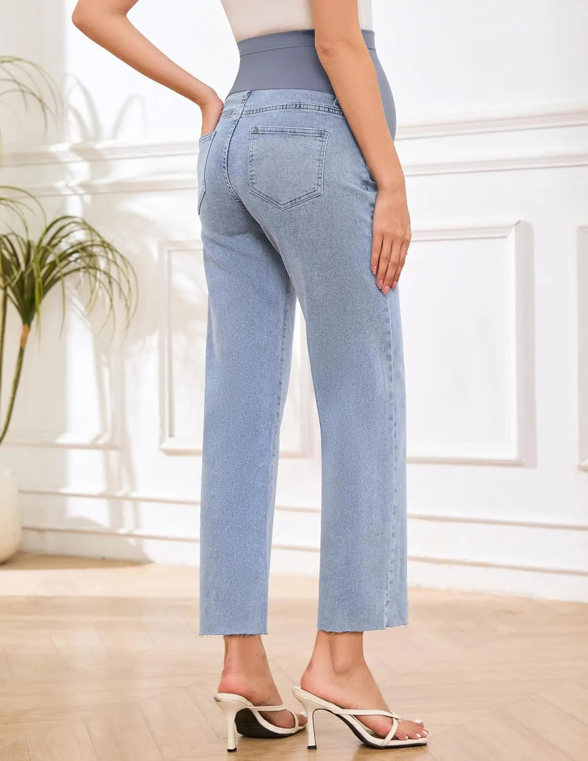 POSHGLAM Women's Maternity Jeans Frayed Hem Straight Leg Cropped Stretch Denim Capris Pants, S-XXL