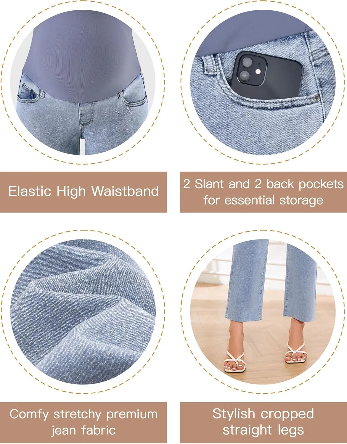POSHGLAM Women's Maternity Jeans Frayed Hem Straight Leg Cropped Stretch Denim Capris Pants, S-XXL