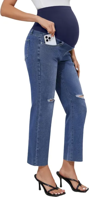 POSHGLAM Women's Maternity Jeans Frayed Hem Straight Leg Cropped Stretch Denim Capris Pants, S-XXL