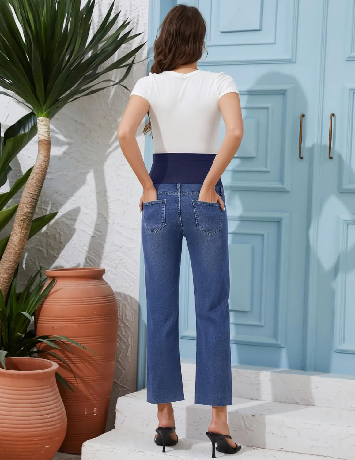 POSHGLAM Women's Maternity Jeans Frayed Hem Straight Leg Cropped Stretch Denim Capris Pants, S-XXL