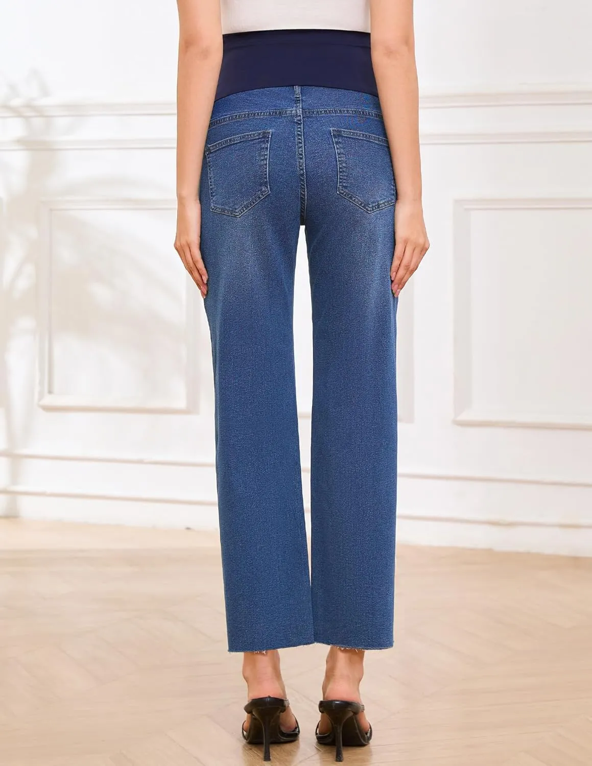 POSHGLAM Women's Maternity Jeans Frayed Hem Straight Leg Cropped Stretch Denim Capris Pants, S-XXL