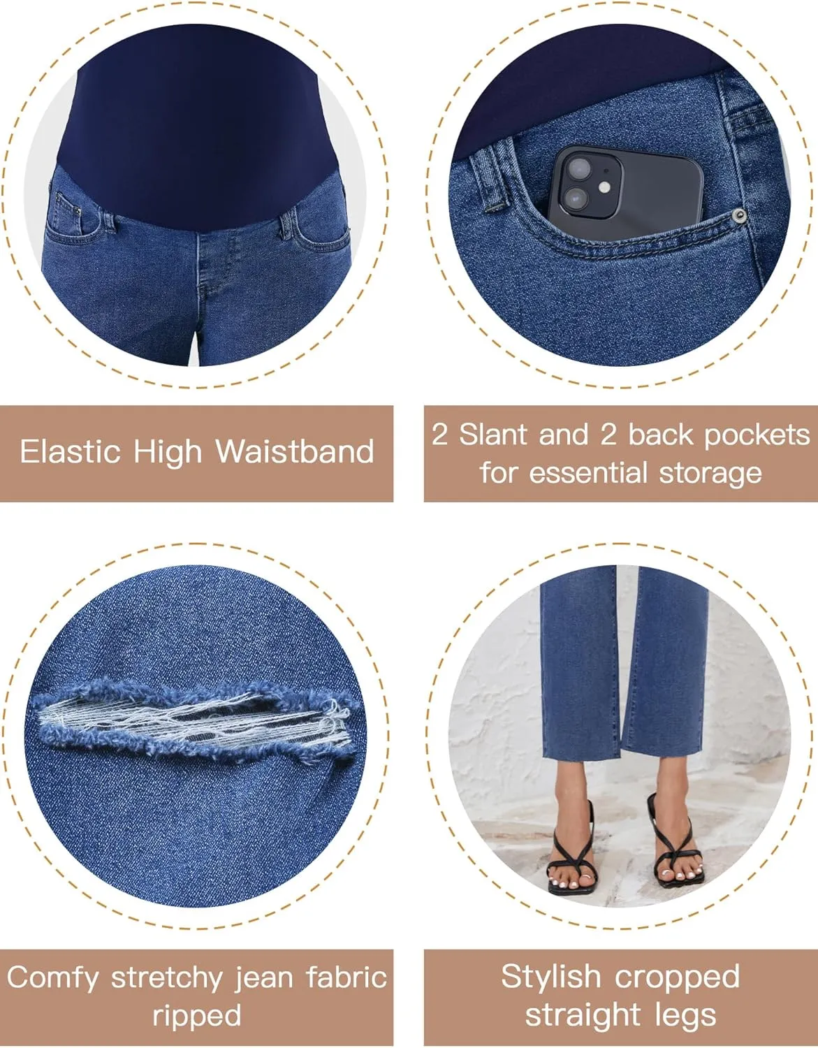 POSHGLAM Women's Maternity Jeans Frayed Hem Straight Leg Cropped Stretch Denim Capris Pants, S-XXL