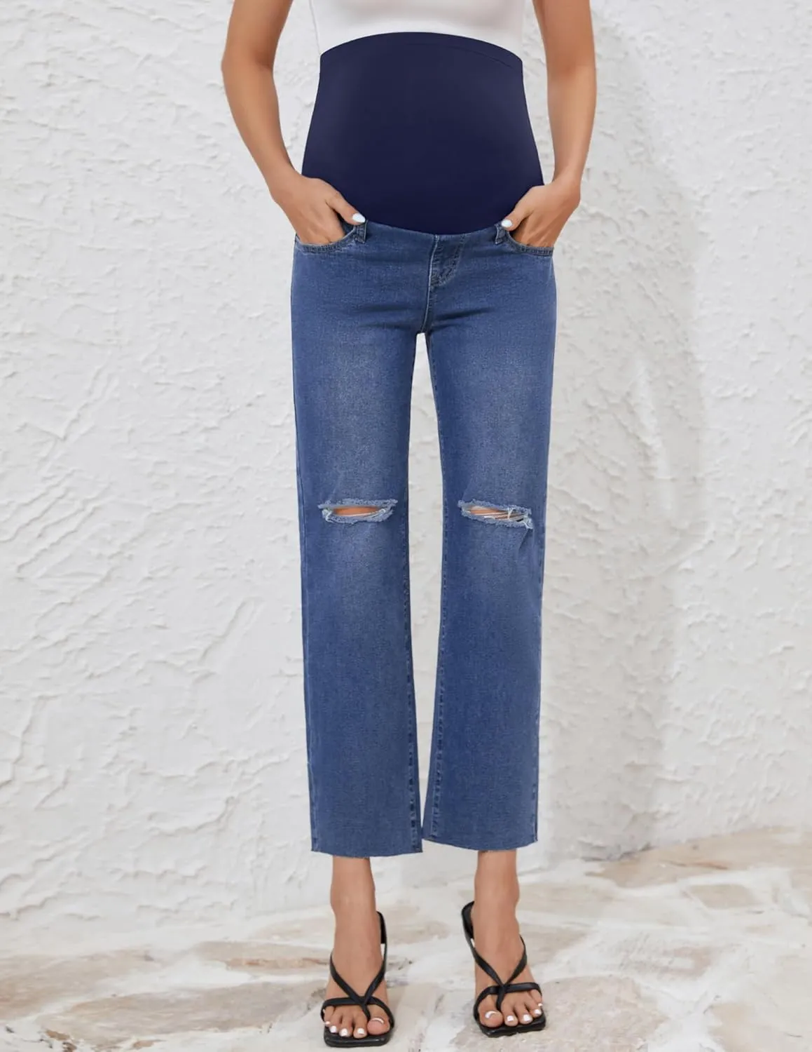 POSHGLAM Women's Maternity Jeans Frayed Hem Straight Leg Cropped Stretch Denim Capris Pants, S-XXL