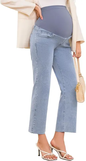POSHGLAM Women's Maternity Jeans Frayed Hem Straight Leg Cropped Stretch Denim Capris Pants, S-XXL