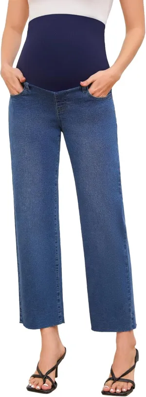 POSHGLAM Women's Maternity Jeans Frayed Hem Straight Leg Cropped Stretch Denim Capris Pants, S-XXL