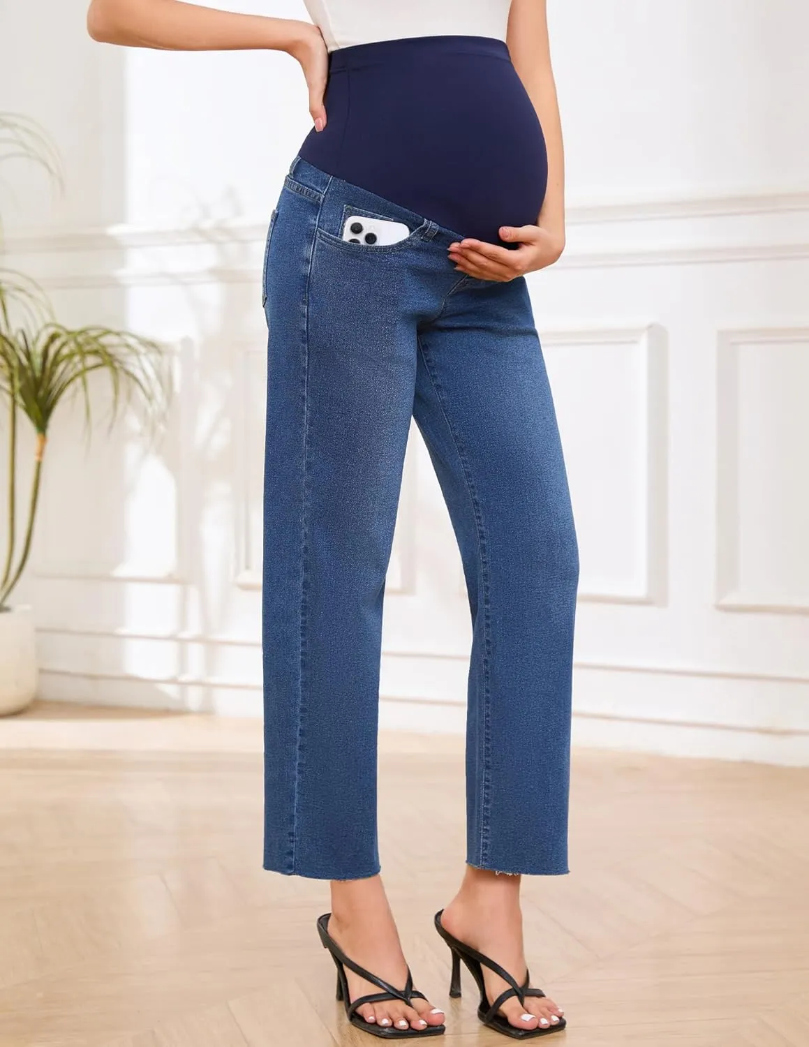 POSHGLAM Women's Maternity Jeans Frayed Hem Straight Leg Cropped Stretch Denim Capris Pants, S-XXL